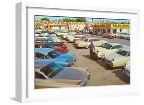 Used Car Lot, Lots of Fins-null-Framed Art Print