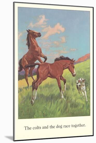 Colts and Dog Race Together-null-Mounted Art Print