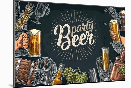 Horizontal Poster Beer Set with Tap, Glass, Bottle, Hop Branch with Leaf, Ear of Barley, Barrel, Ta-MoreVector-Mounted Art Print