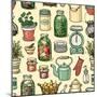 Rustic Kitchen Vector Seamless Pattern. Colorful Cooking Items Background. Hand-Drawn Kitchenware T-schiva-Mounted Art Print