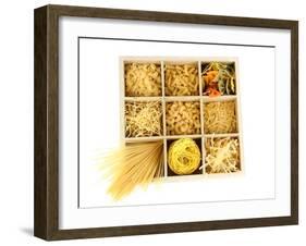 Nine Types Of Pasta In Wooden Box Sections Isolated On White-Yastremska-Framed Art Print