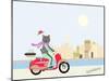 Fashionable Hipster Cat On A Vintage Scooter In A City- Illustration-run4it-Mounted Art Print