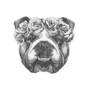 original drawing of english bulldog with floral head wreath isolated on white backgroundvictoria_novak